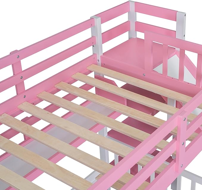 Twin Over Twin Castle Bunk Bed with Slide, Stairs Storage, Drawers and Shelves, Multifunctional Wood Bunkbeds w/Staircase, for Kids/Teens/Boys/Girls Bedroom, Pink - LeafyLoom
