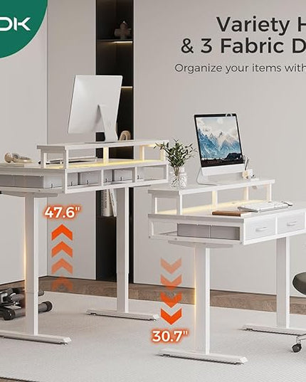 AODK 47 Inch Electric Standing Desk with 3 Drawers, White, Height Adjustable Desk with Power Outlets & LED Lights, Stand Up Desk with Monitor Shelf, Sit Stand Desk Computer Workstation - LeafyLoom