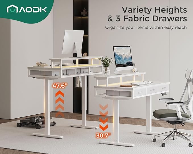AODK 47 Inch Electric Standing Desk with 3 Drawers, White, Height Adjustable Desk with Power Outlets & LED Lights, Stand Up Desk with Monitor Shelf, Sit Stand Desk Computer Workstation - LeafyLoom