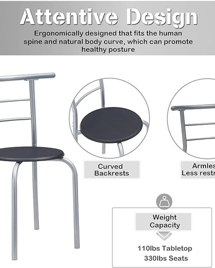VECELO 3 Piece Small Round Dining Table Set for Kitchen Breakfast Nook, Wood Grain Tabletop with Wine Storage Rack, Save Space, 31.5 Inch, Black and Silver - LeafyLoom