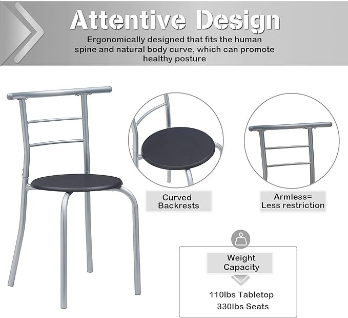 VECELO 3 Piece Small Round Dining Table Set for Kitchen Breakfast Nook, Wood Grain Tabletop with Wine Storage Rack, Save Space, 31.5 Inch, Black and Silver - LeafyLoom