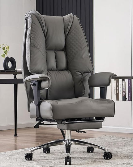 Big and Tall Office Chair 400lbs Wide Seat, Leather High Back Executive Office Chair with Foot Rest, Ergonomic Office Chair Lumbar Support for Lower Back Pain Relief (Grey) - LeafyLoom