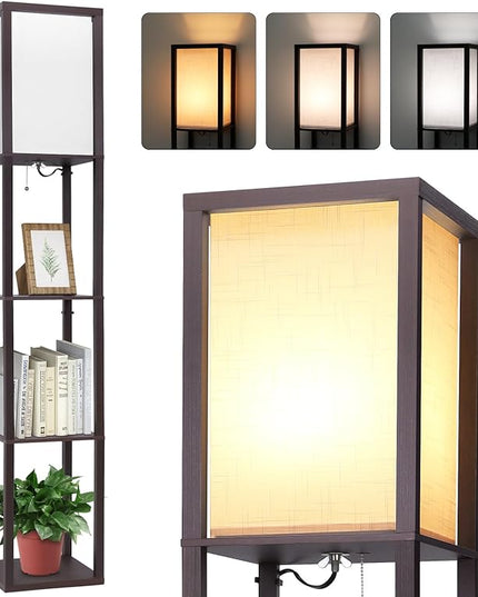 Floor Lamp with Shelves, Shelf Floor Lamp for Bedroom, Modern Standing Shelf Floor Lamp for Living Room Office with 3 CCT LED Bulb - Walnut. - LeafyLoom