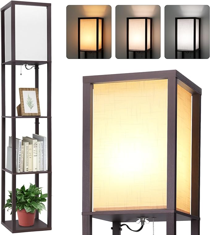 Floor Lamp with Shelves, Shelf Floor Lamp for Bedroom, Modern Standing Shelf Floor Lamp for Living Room Office with 3 CCT LED Bulb - Walnut. - LeafyLoom
