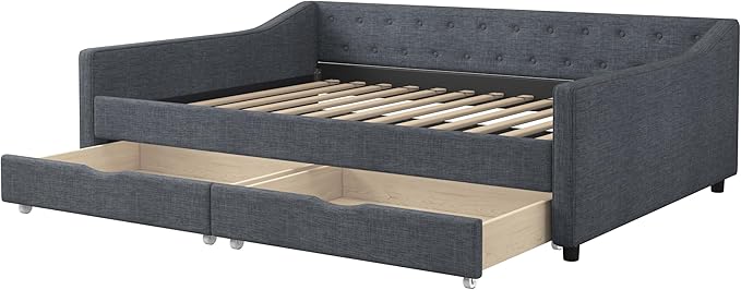 Full Size Daybed with Drawers, Linen Upholstered Tufted Sofa Bed Frame with Button on Back, Waved Shape Arms, Wooden Slats Support, Space-Saving for Apartment,Bedroom - LeafyLoom