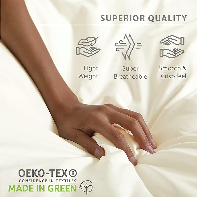 100% Cotton Percale Sheets Twin XL Size, Ivory, Deep Pocket, 4 Pieces Sheet Set - 1 Flat, 1 Deep Pocket Fitted Sheet and 2 Pillowcases, Crisp Cool and Strong Bed Linen - LeafyLoom