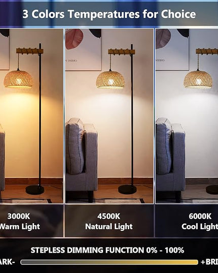 Boho Floor Lamp with Remote, Farmhouse Dimmable Rattan Standing Lamp with Smart Blub, Bamboo Lampshade, App Control, Wood Black Tall Lamp for Living Room Bedroom Office, 9W LED Bulb Included - LeafyLoom