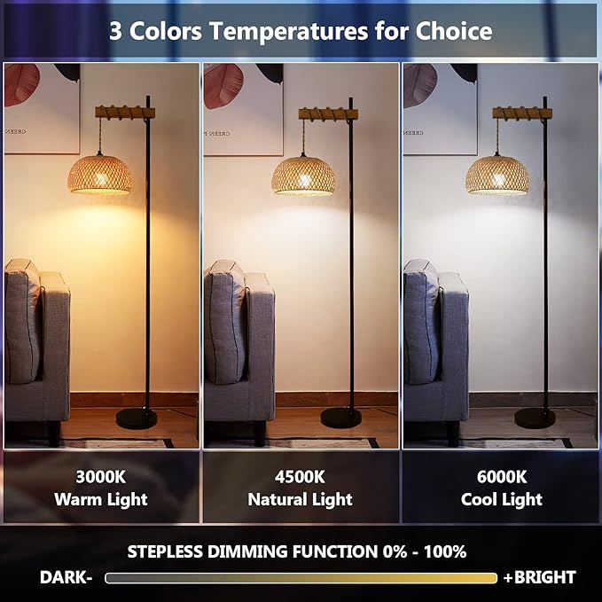Boho Floor Lamp with Remote, Farmhouse Dimmable Rattan Standing Lamp with Smart Blub, Bamboo Lampshade, App Control, Wood Black Tall Lamp for Living Room Bedroom Office, 9W LED Bulb Included - LeafyLoom