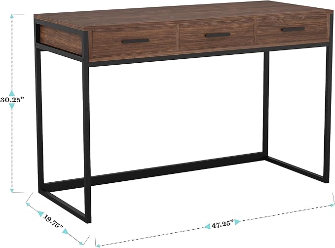 Martha Stewart Ollie Home Office Desk with 3 Drawers in Walnut Wood Grain with Oil Rubbed Bronze Hardware - LeafyLoom