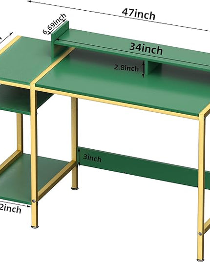 Gaming Computer Desk with Storage,Monitor Stand 47” Small, Writing Desk for 2 Monitors, Adjustable Storage Space, Modern Design Corner Table for Home Office, Green. - LeafyLoom