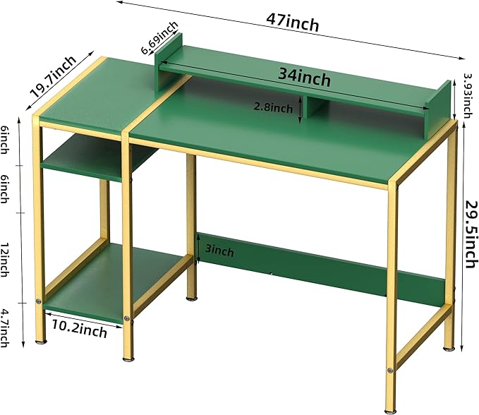 Gaming Computer Desk with Storage,Monitor Stand 47” Small, Writing Desk for 2 Monitors, Adjustable Storage Space, Modern Design Corner Table for Home Office, Green. - LeafyLoom