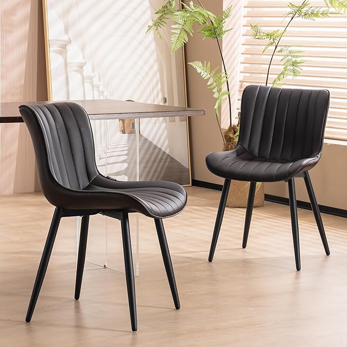 YOUNUOKE Brown Dining Chairs Set of 2 Upholstered Mid Century Modern Kitchen Chairs Armless Faux Leather Accent Guest Side Chair with Back Metal Legs for Living Reception Waiting Room Bedroom - LeafyLoom