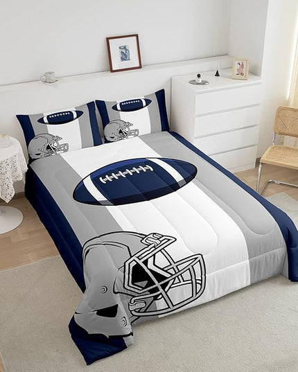 Feelyou Kids Football Comforter Set Queen Size Rugby Sports Bedding Set for Boys Teens Decor Soccer Ball Game Comforter American Football Grey Blue Duvet Set Quilt 3Pcs Boys - LeafyLoom