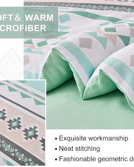 Dinjoy Sage Green Boho Comforter Set Queen Size,7 Pieces Bed in a Bag Queen Light Green Aztec Bedding Sets with Sheets Bohemian Geometric Striped Complete Set for All Seasons 90"x90" - LeafyLoom