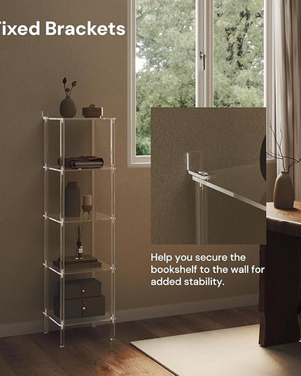 5 Tier Square Acrylic Bookshelf, Small Bookcase with Acrylic Fittings for Fixing to Wall, Corner Display Shelf for Living Room, Bedroom, Bathroom, Small Spaces, Clear, 11.6'' W x 44'' H - LeafyLoom