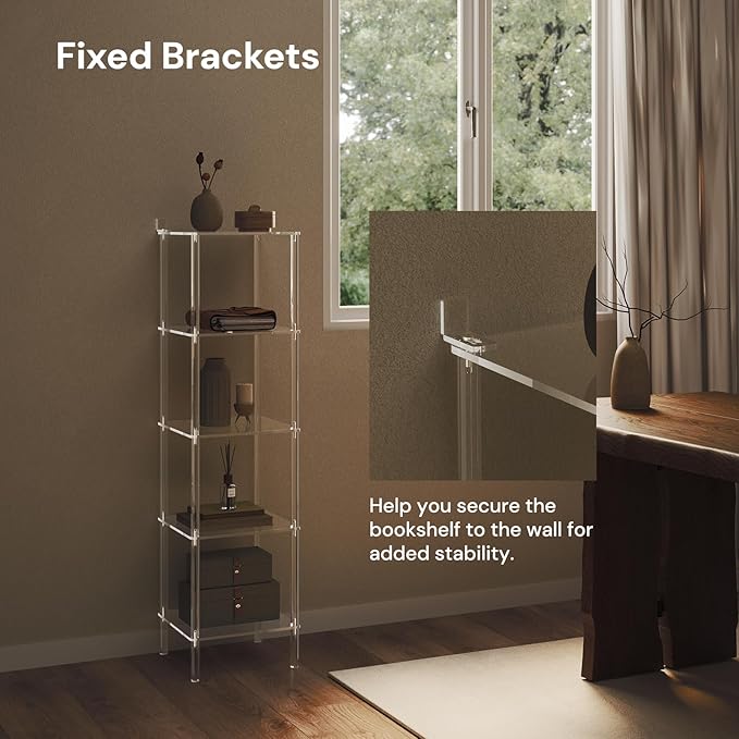 5 Tier Square Acrylic Bookshelf, Small Bookcase with Acrylic Fittings for Fixing to Wall, Corner Display Shelf for Living Room, Bedroom, Bathroom, Small Spaces, Clear, 11.6'' W x 44'' H - LeafyLoom