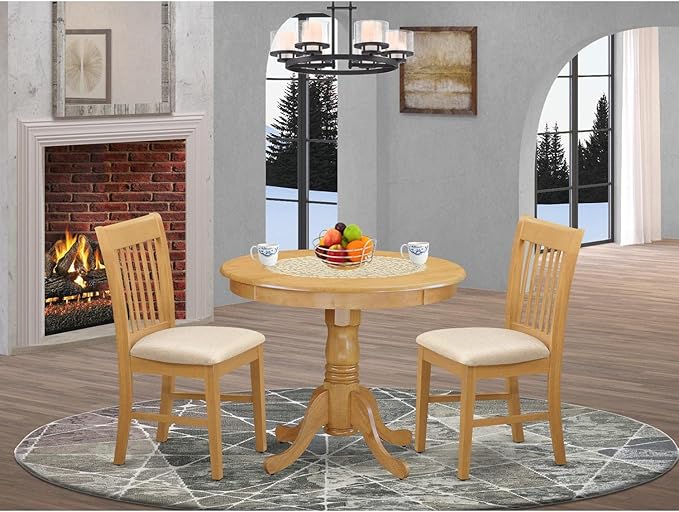 East West Furniture ANNO3-OAK-C 3 Piece Kitchen Set for Small Spaces Contains a Round Dining Room Table with Pedestal and 2 Linen Fabric Upholstered Chairs, 36x36 Inch - LeafyLoom