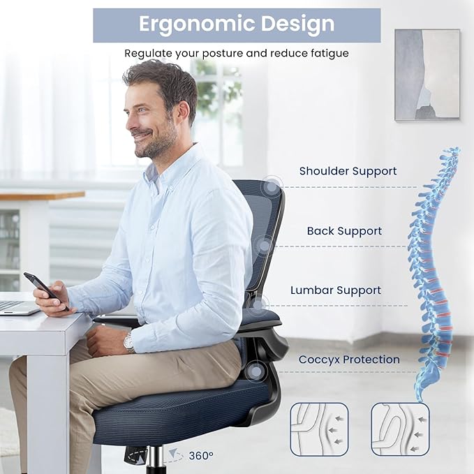 Office Chair, Ergonomic Desk Chair with Lumbar Support and Adjustable Armrests, Comfy Desk Chair Breathable Mesh Mid Back Computer Chair, Reclining Office Chair for Home Office - DarkGray - LeafyLoom