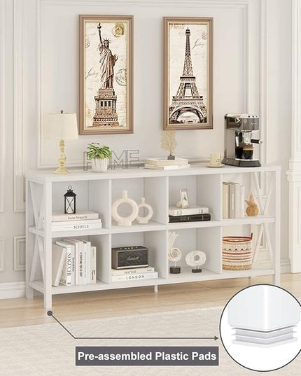 FATORRI 8 Cube Storage Organizer Bookshelf, Rustic Wood Cubby Bookcase, Industrial Horizontal Long Shelf for Living Room (White Oak, 62 Inch) - LeafyLoom