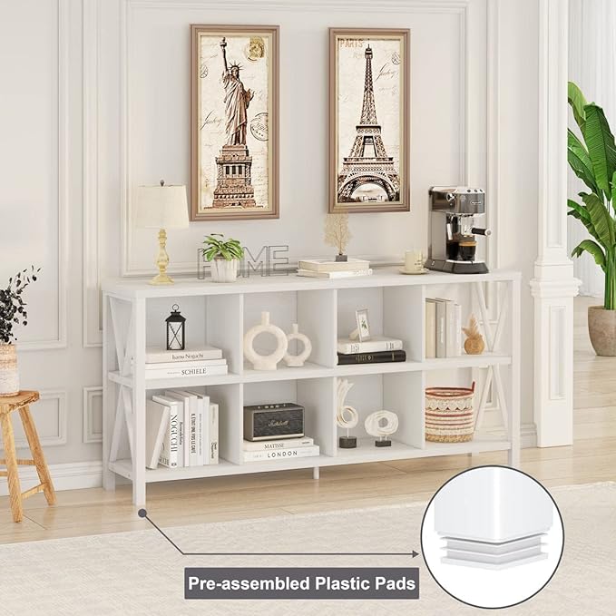 FATORRI 8 Cube Storage Organizer Bookshelf, Rustic Wood Cubby Bookcase, Industrial Horizontal Long Shelf for Living Room (White Oak, 62 Inch) - LeafyLoom