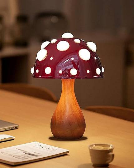 Table Lamp Push-Button Control 3 Colors Dimmable Mushroom Light LED Bedside Lamp Bedroom Decoration for Gifts(Wood), AK3L121 - LeafyLoom