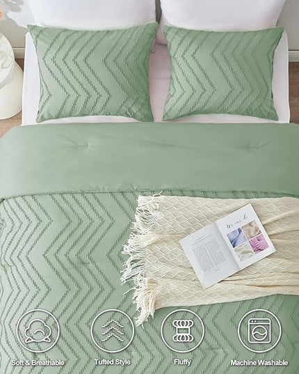 CozyLux Queen Comforter Set Sage Green - 3 Pieces Boho Tufted Shabby Chic Bedding Comforter Set for All Seasons, Chevron Bedding Sets with Comforter & 2 Pillow Shams - LeafyLoom