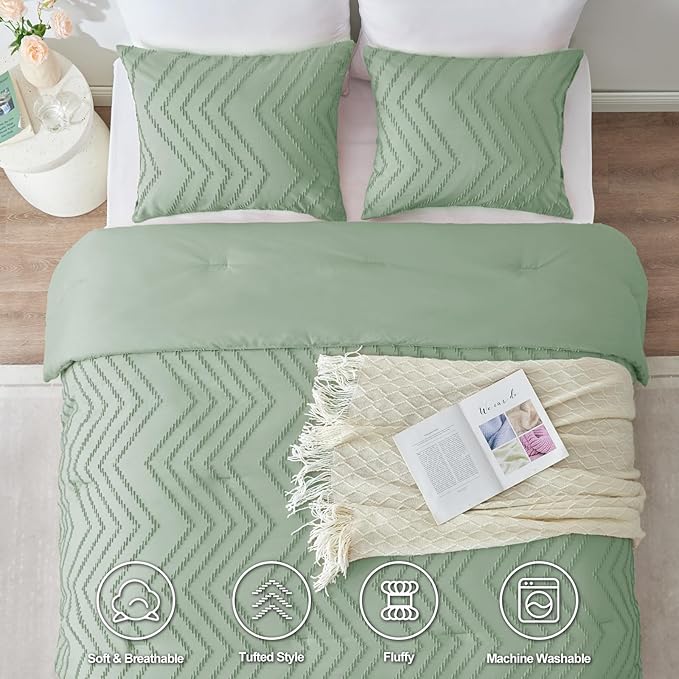 CozyLux King Size Comforter Set Sage Green - 3 Pieces Boho Tufted Shabby Chic Bedding Comforter Set for All Seasons, Chevron Bedding Sets with Comforter & 2 Pillow Shams - LeafyLoom