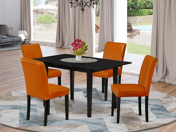 East West Furniture Norfolk 5 Piece Set includes a Rectangle Dining Room Table with Butterfly Leaf and 4 Baked Bean Faux Leather Parson Chairs, 32x54 Inch, Black - LeafyLoom