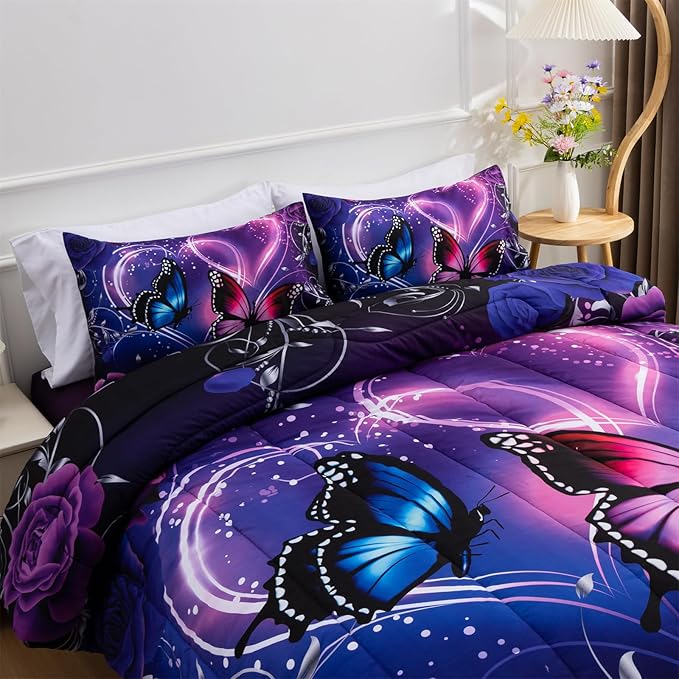 A Nice Night Galaxy 6pcs Bed in a Bag Purple and Blue Dreamy 3D Butterfly Printed, Butterflies Bedding Full Comforter Set, for Girls Kids Teens - LeafyLoom