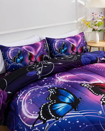 A Nice Night Galaxy 6pcs Bed in A Bag Purple and Blue Dreamy 3D Butterfly Printed, Butterflies Bedding Twin Comforter Set, for Girls Kids Teens - LeafyLoom