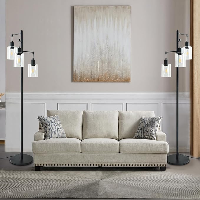 3-Lights Floor Lamp with On/Off Foot Switch, Farmhouse Glass Floor Lamp Tall Pole Lamp for Living Room Bedroom Office，Industrial Black Tree Standing Lamp, LED 3 Bulbs Included - LeafyLoom