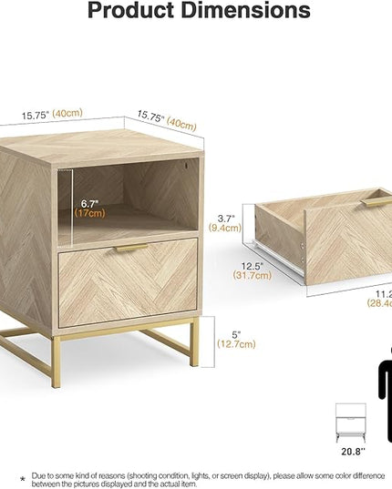 Anmytek Night Stand, Small Side Table, Sturdy Wood Nightstand with Storage Drawer and Shelf, Modern End Table Bedside Table with Polished Gold Handles for Bedroom, Dorm, Small Spaces H0054 - LeafyLoom