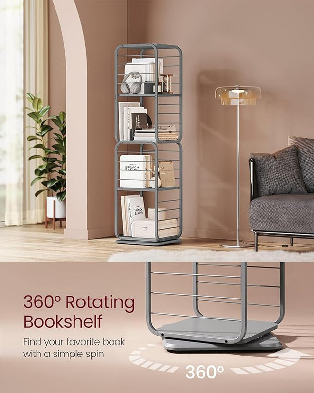 VASAGLE 4-Tier Rotating Bookshelf, Bookcase with Bookends for Small Spaces, Corner Shelf, Steel Frame, Dove Grey ULLS127G36 - LeafyLoom