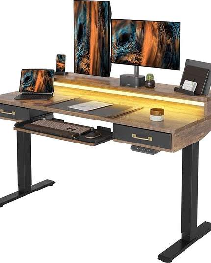 FEZIBO 55 x 24 Inch Height Adjustable Electric Standing Desk with Double Drawers&Keyboard Tray, Stand Up Desk with LED Strips, Sit Stand Desk with Monitor Stand, Rustic Brown - LeafyLoom