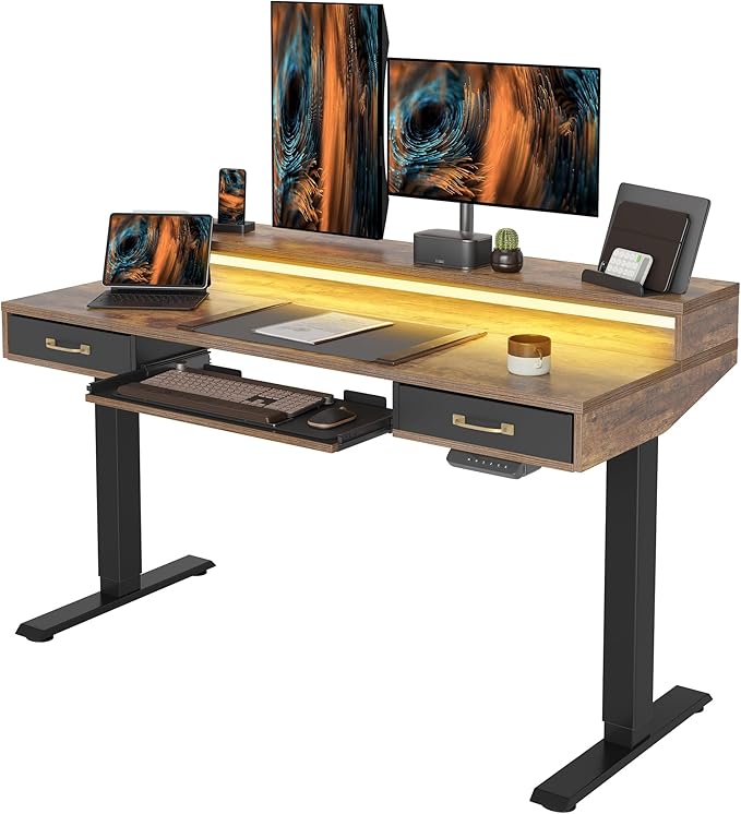 FEZIBO 55 x 24 Inch Height Adjustable Electric Standing Desk with Double Drawers&Keyboard Tray, Stand Up Desk with LED Strips, Sit Stand Desk with Monitor Stand, Rustic Brown - LeafyLoom