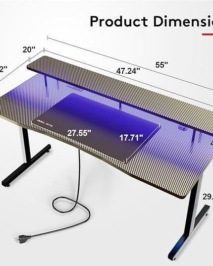 GTRACING 55 Inch Gaming Desk with LED Lights, Computer Gamer Desk with Monitor Stand, Ergonomic Carbon Fiber Surface Gaming Table with Mouse Pad for Home Office, RGB - LeafyLoom