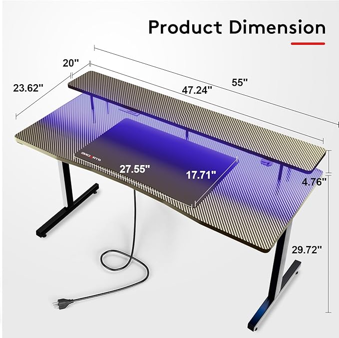 GTRACING 55 Inch Gaming Desk with LED Lights, Computer Gamer Desk with Monitor Stand, Ergonomic Carbon Fiber Surface Gaming Table with Mouse Pad for Home Office, RGB - LeafyLoom