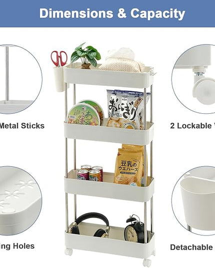 VECELO Storage Rolling Cart, 4 Tier Utility Cart Kitchen Slim Mobile Storage Unit Organizers with Wheels Hooks&Hanging Cups for Bedroom Bathroom Office Table Side in Narrow Places, White - LeafyLoom