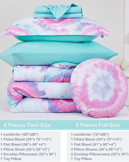 Mooreeke Tie Dye Kids Comforter Bed Set Full Size for s Girls, 8 Pieces Bed in a Bag with Shams, Sheet Set, A Toy Pillow Dark Pink Round Flower Full Soft Microfiber Kids Comforter Bedding Set - LeafyLoom