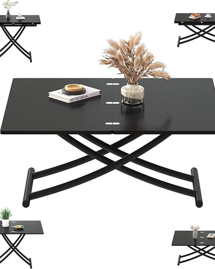 Multifunctional Lift Top Coffee Table Convertible to Folding Dining Table Space Saving Adjustable Height Rectangular Modern Coffee Table Wooden Top with Metal Legs, Black - LeafyLoom
