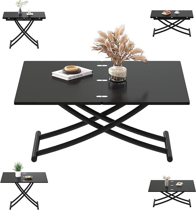 Multifunctional Lift Top Coffee Table Convertible to Folding Dining Table Space Saving Adjustable Height Rectangular Modern Coffee Table Wooden Top with Metal Legs, Black - LeafyLoom