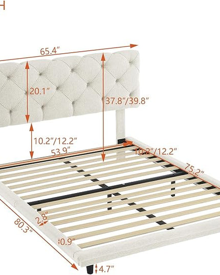 Full Size Linen Upholstered Bed with Light Stripe,Floating Platform Beds,w/Headboard and Wooden Slats Support,for Apartment,Bedroom,Living Room,Easy Assembly,Beige - LeafyLoom