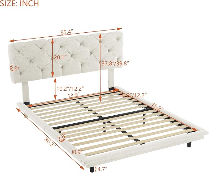 Full Size Linen Upholstered Bed with Light Stripe,Floating Platform Beds,w/Headboard and Wooden Slats Support,for Apartment,Bedroom,Living Room,Easy Assembly,Beige - LeafyLoom