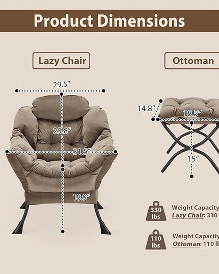 Lazy Chair with Folding Ottoman, Accent Chair Velvet Upholstered with Metal Structure and Non-Slip Pads, Sofa Armchair with Footrest and Side Storage Bag for Dorm, Room, Office, Dark Gray - LeafyLoom