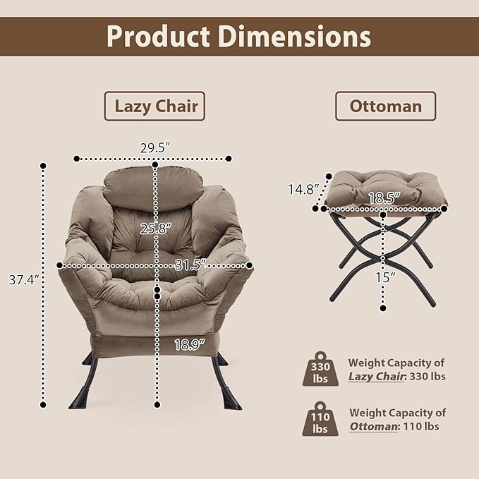 Lazy Chair with Folding Ottoman, Accent Chair Velvet Upholstered with Metal Structure and Non-Slip Pads, Sofa Armchair with Footrest and Side Storage Bag for Dorm, Room, Office, Dark Gray - LeafyLoom