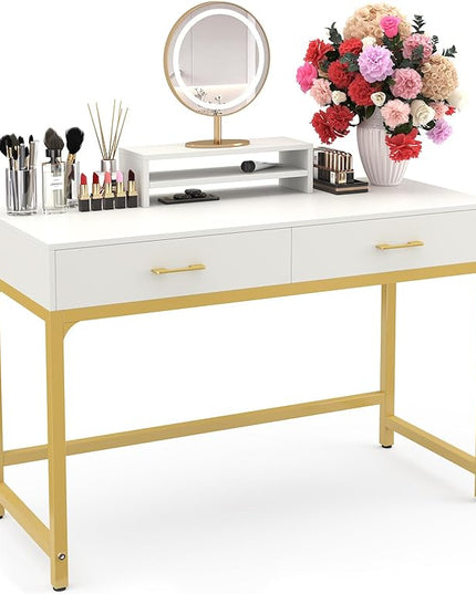 WESTREE Women Makeup Vanity Desk with 2 Drawers - Bedroom Home Office Desk, Wooden Height Monitor Stand & Storage Shelf without Mirror, White Table Great Gift for Her - LeafyLoom