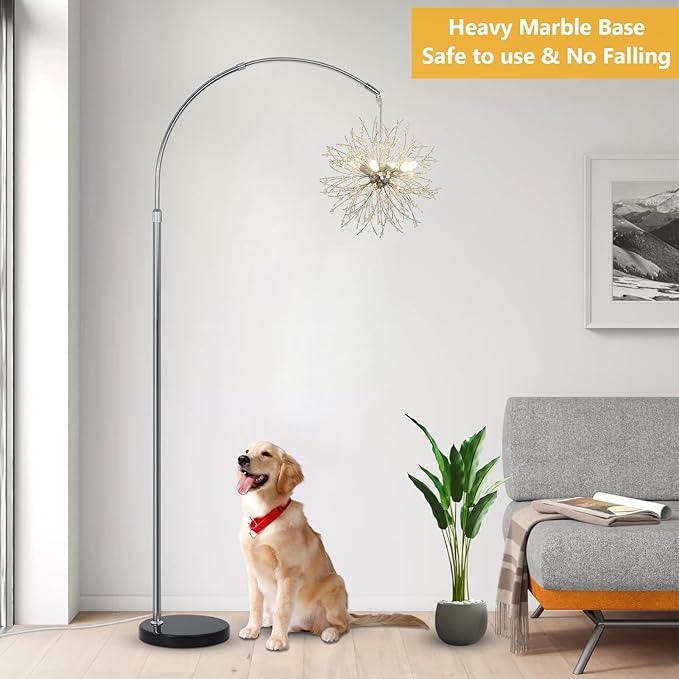 Crystal Arc Floor Lamps for Living Room, Modern Floor Lamp with Marble Base, Adjustable Height Standing Lamp, Mid Century Tall Lamp for Girls Room, Over Couch Arched Reading Light for Bedroom, Office - LeafyLoom