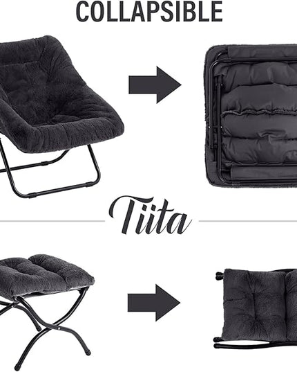 Tiita Saucer Chair with Ottoman, Soft Faux Fur Oversized Folding Accent Chair,Lounge Lazy Chair, Metal Frame Moon Chair for Bedroom, Living Room, Dorm Rooms, Garden and Courtyard - LeafyLoom