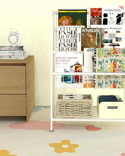 Kids Bookshelf Freestanding for Children Room 18 Inches Small White Metal Bookcase Large Capacity Books Toys Organizer Stable 5 Tiers Kids Book Rack for Playroom Bookstore Library - LeafyLoom