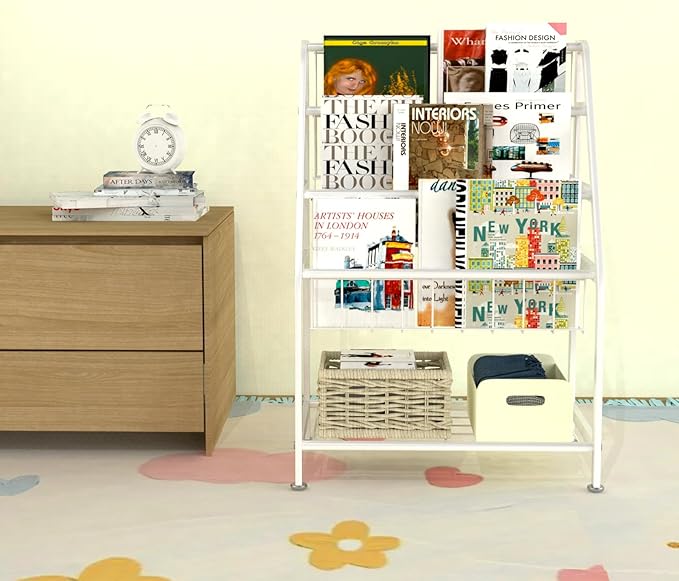Kids Bookshelf Freestanding for Children Room 18 Inches Small White Metal Bookcase Large Capacity Books Toys Organizer Stable 5 Tiers Kids Book Rack for Playroom Bookstore Library - LeafyLoom